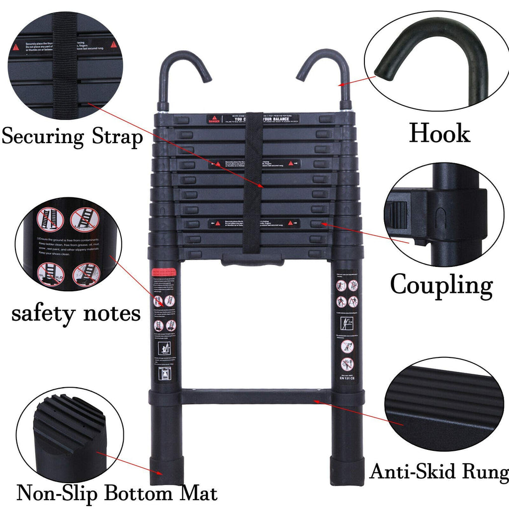 Black 20.3FT Aluminum Telescoping Ladder 330lbs Capacity J3061