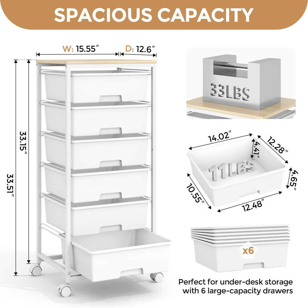 6 Drawer Rolling Storage Cart with Wooden Top and Wheels X486104