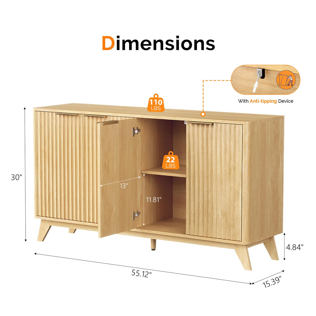 55" Fluted 4 Door Sideboard Cabinet with Adjustable Shelves E92545