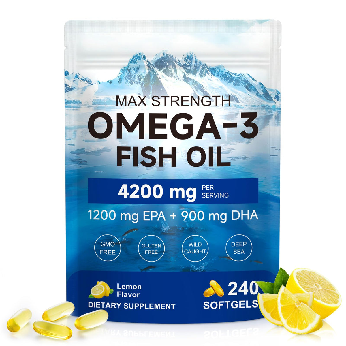 Omega 3 Fish Oil Supplement 240 Softgels Lemon Flavor K471