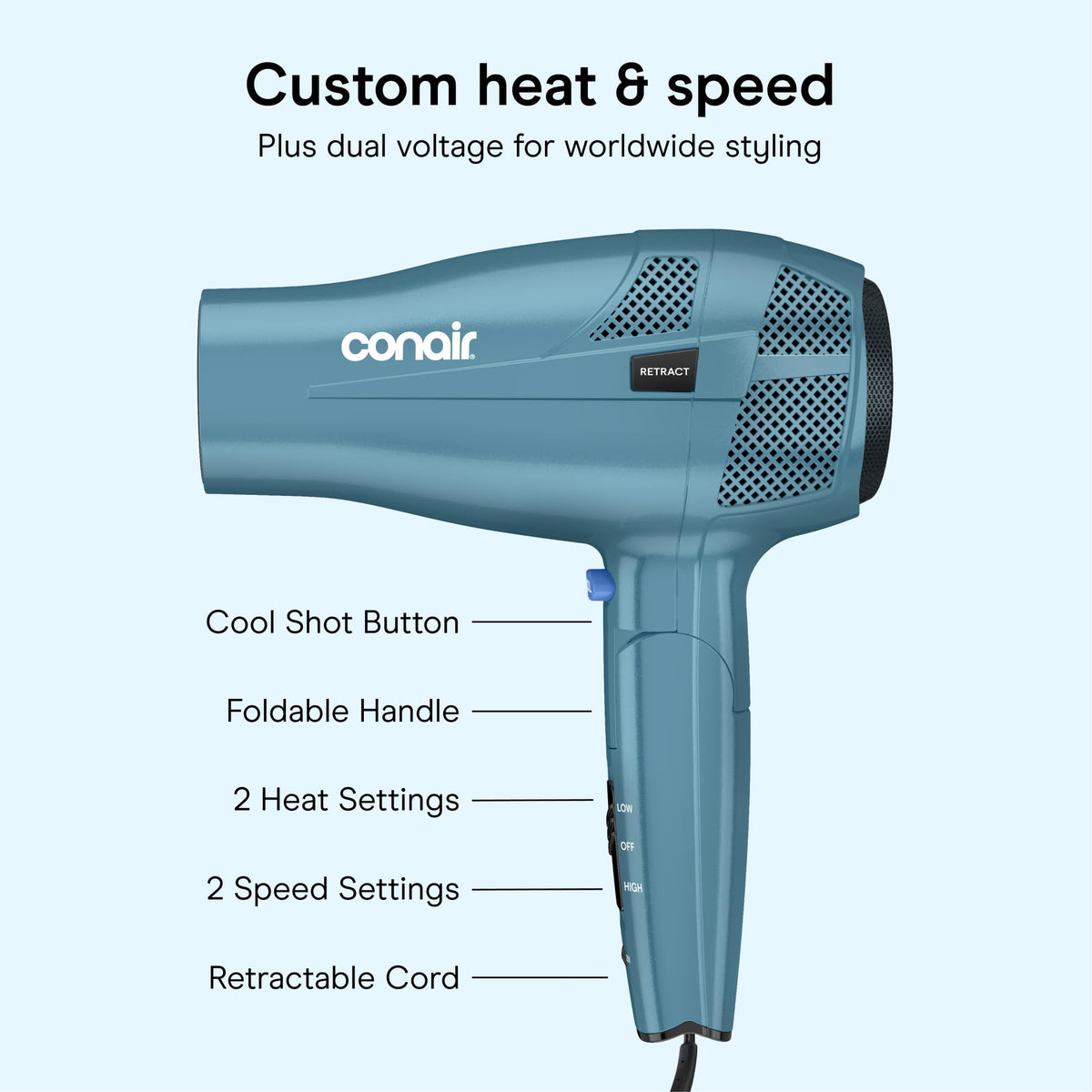 Blue 1875W Dual Voltage Folding Travel Hair Dryer O81310