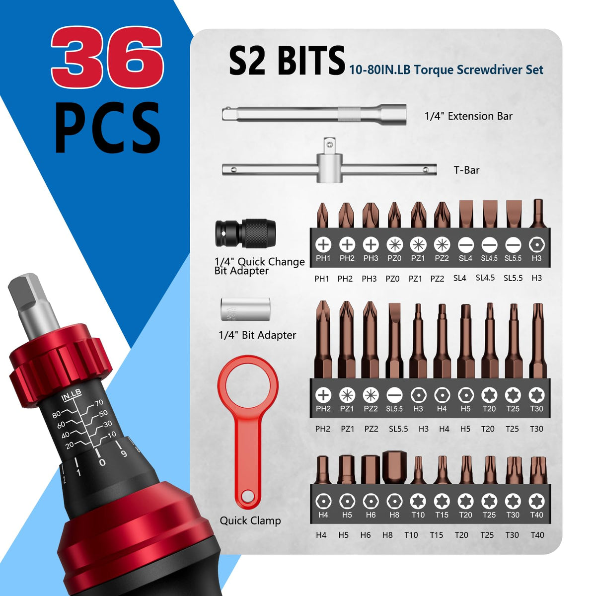 1/4" 10-80In.lb Torque Wrench Screwdriver 36 PCS Set F19799