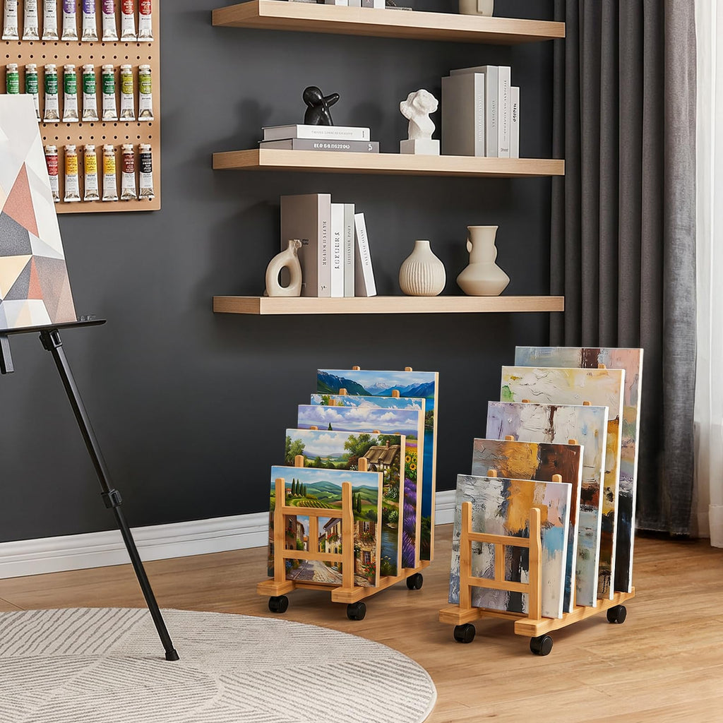 5 Slots Adjustable Bamboo Art Storage Drying Rack with Caster Wheel Y8843