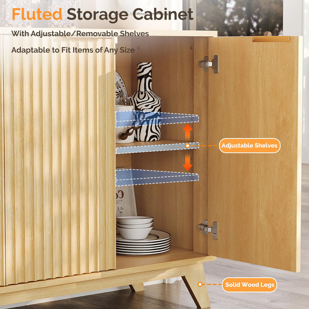 55" Fluted 4 Door Sideboard Cabinet with Adjustable Shelves E92545