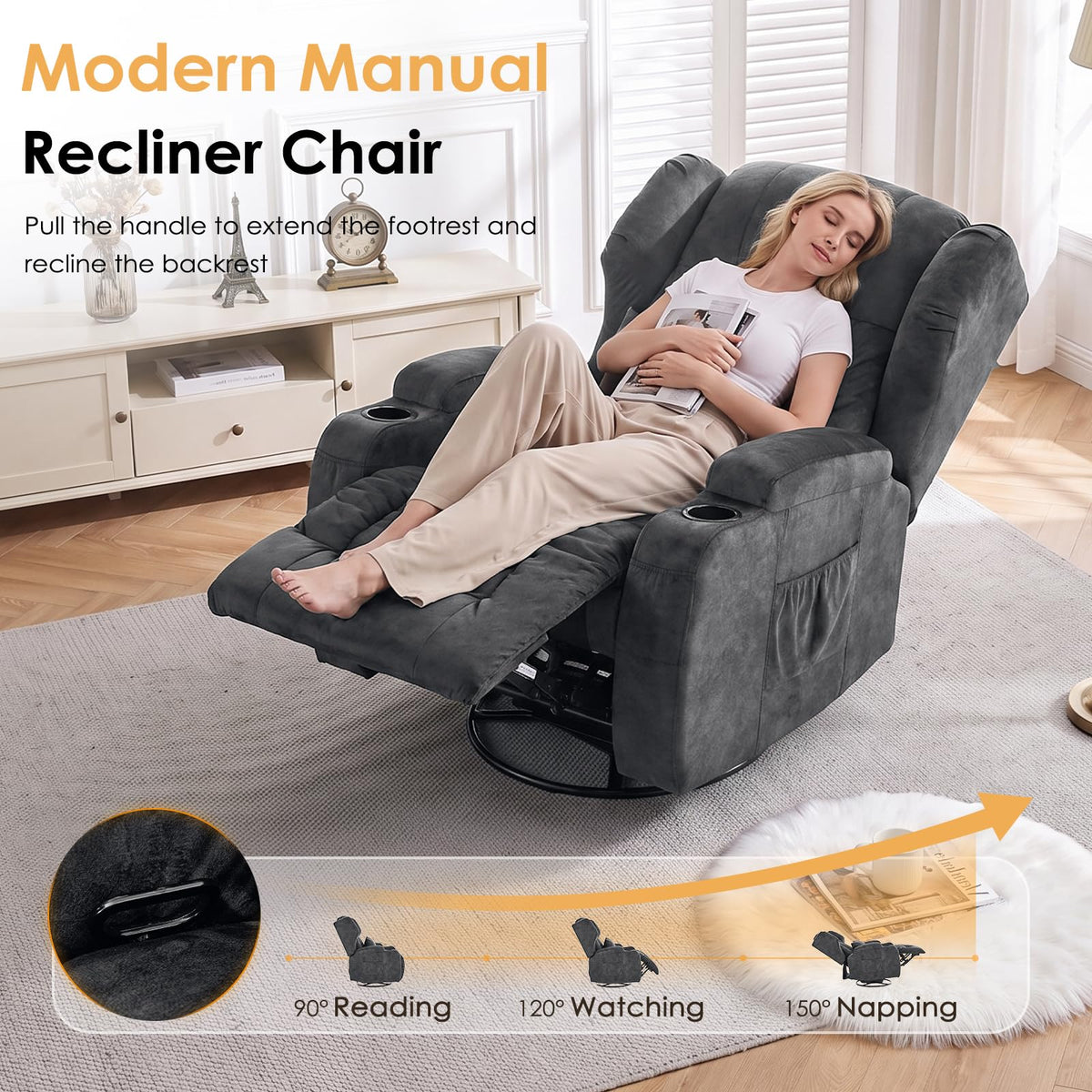 Oversized Velvet Swivel Rocker Recliner Chair with Cup Holders E840