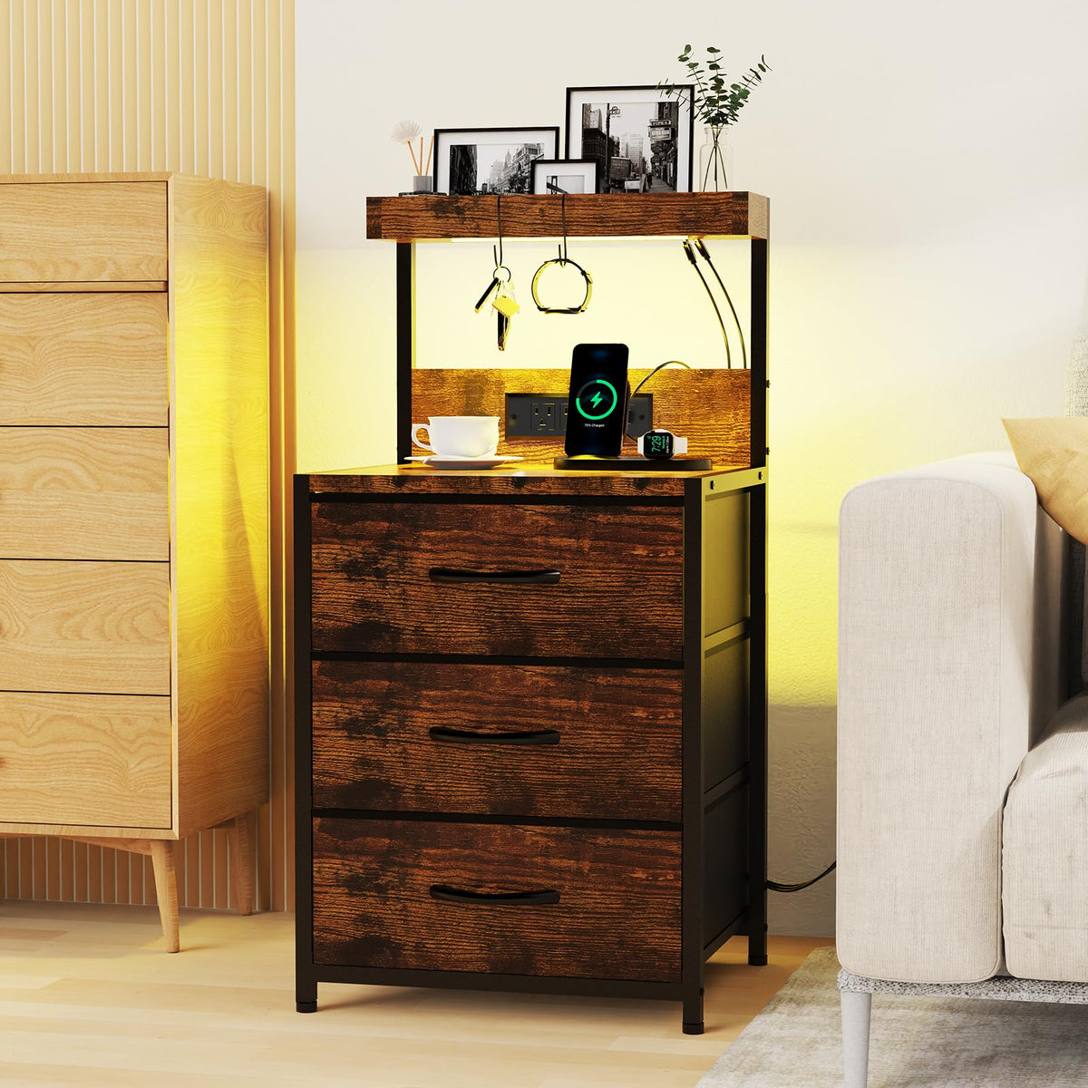 LED Nightstand with Charging Station 3 Fabric Drawers X177