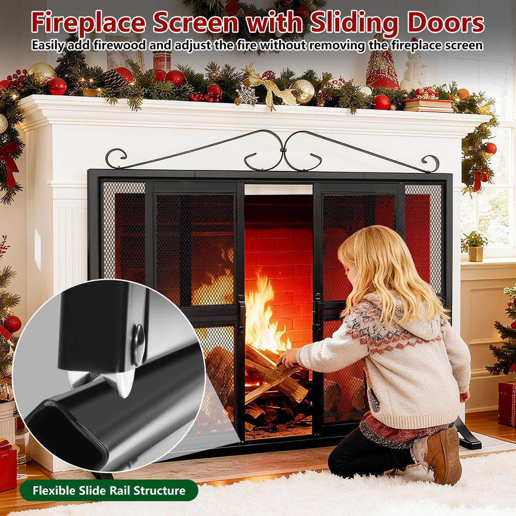 Hand-Forged Iron Fireplace Screen with Sliding Doors T35944