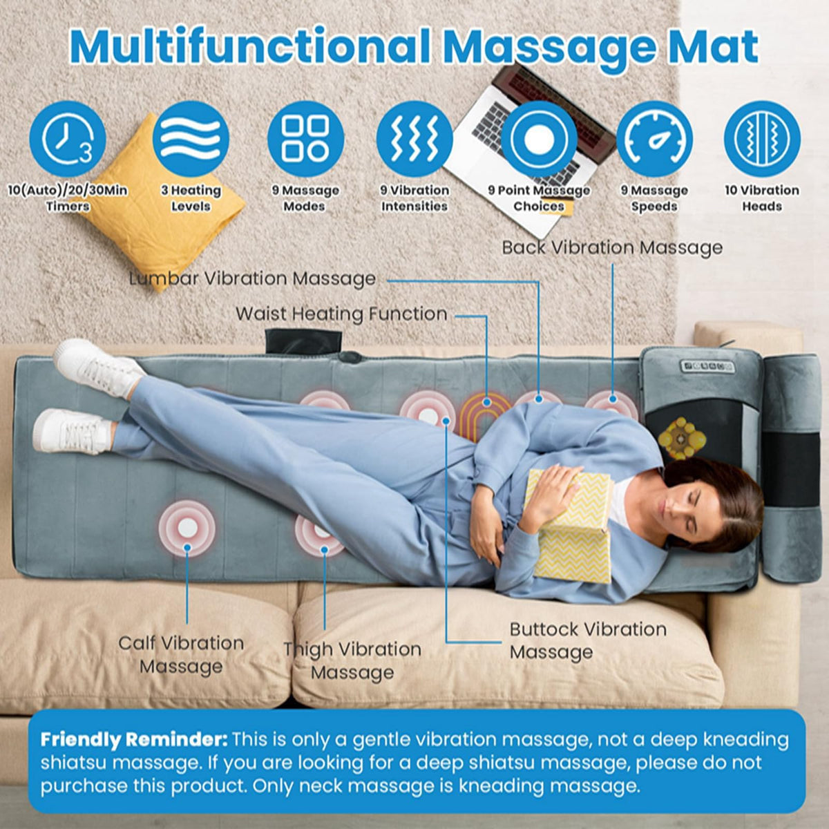 Full Body Electric Heating Vibration Massage Mat Cushion X60978