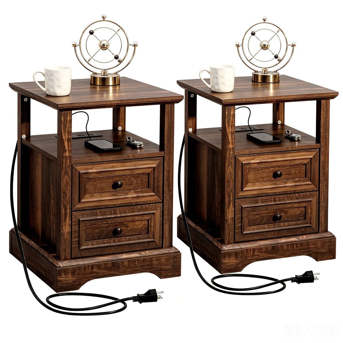24" Tall Nightstand Set of 2 with Charging Station, 2 Drawers D6230