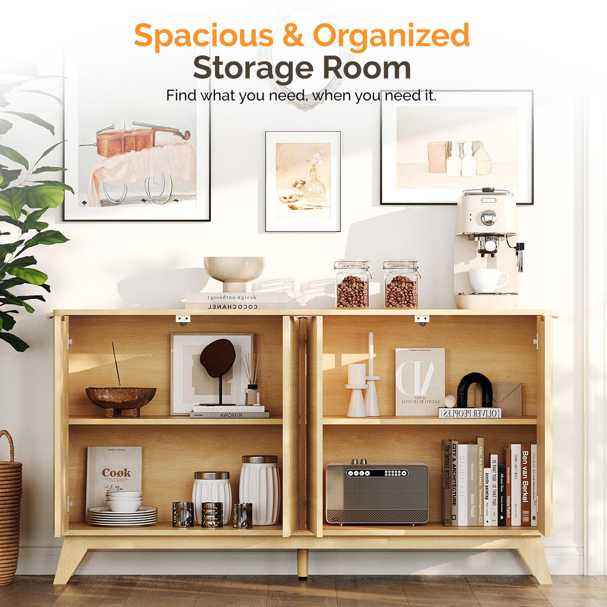 55" Fluted 4 Door Sideboard Cabinet with Adjustable Shelves E92545