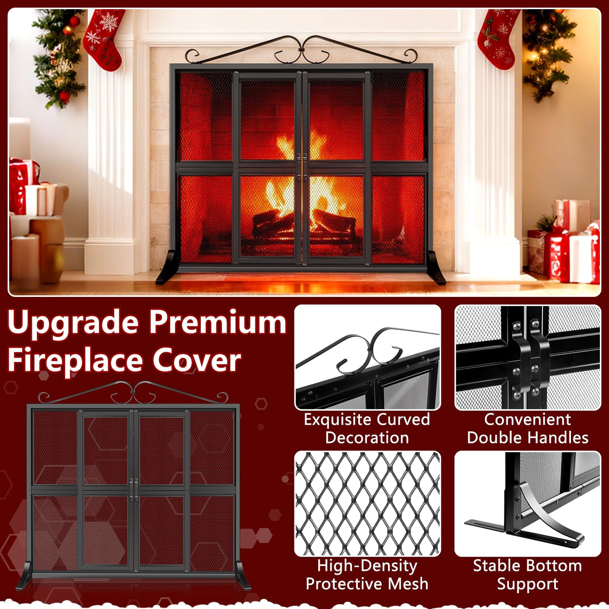 Hand-Forged Iron Fireplace Screen with Sliding Doors T35944