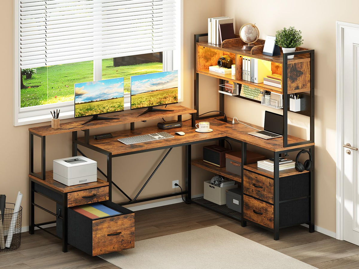 L Shaped Gaming Desk with Storage Drawers & Shelves A8600
