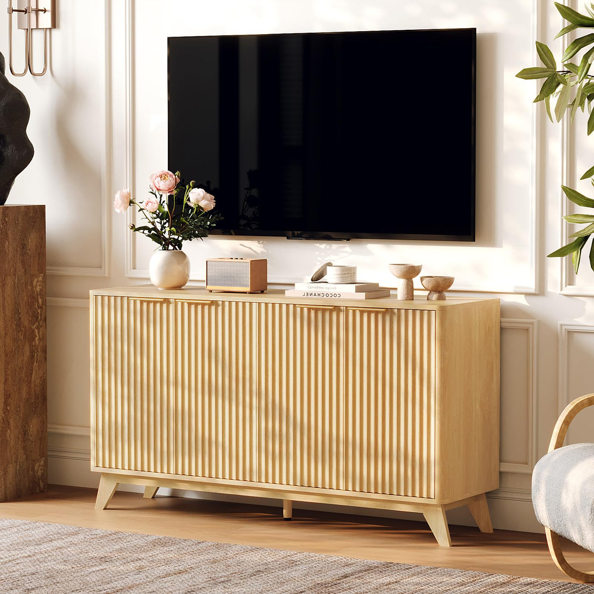 55" Fluted 4 Door Sideboard Cabinet with Adjustable Shelves E92545
