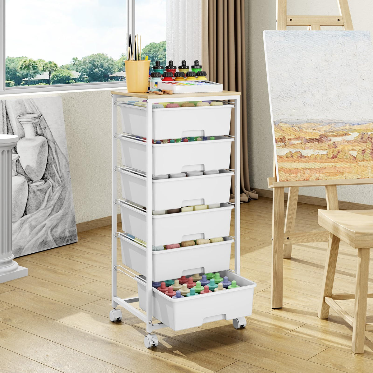6 Drawer Rolling Storage Cart with Wooden Top and Wheels X486104