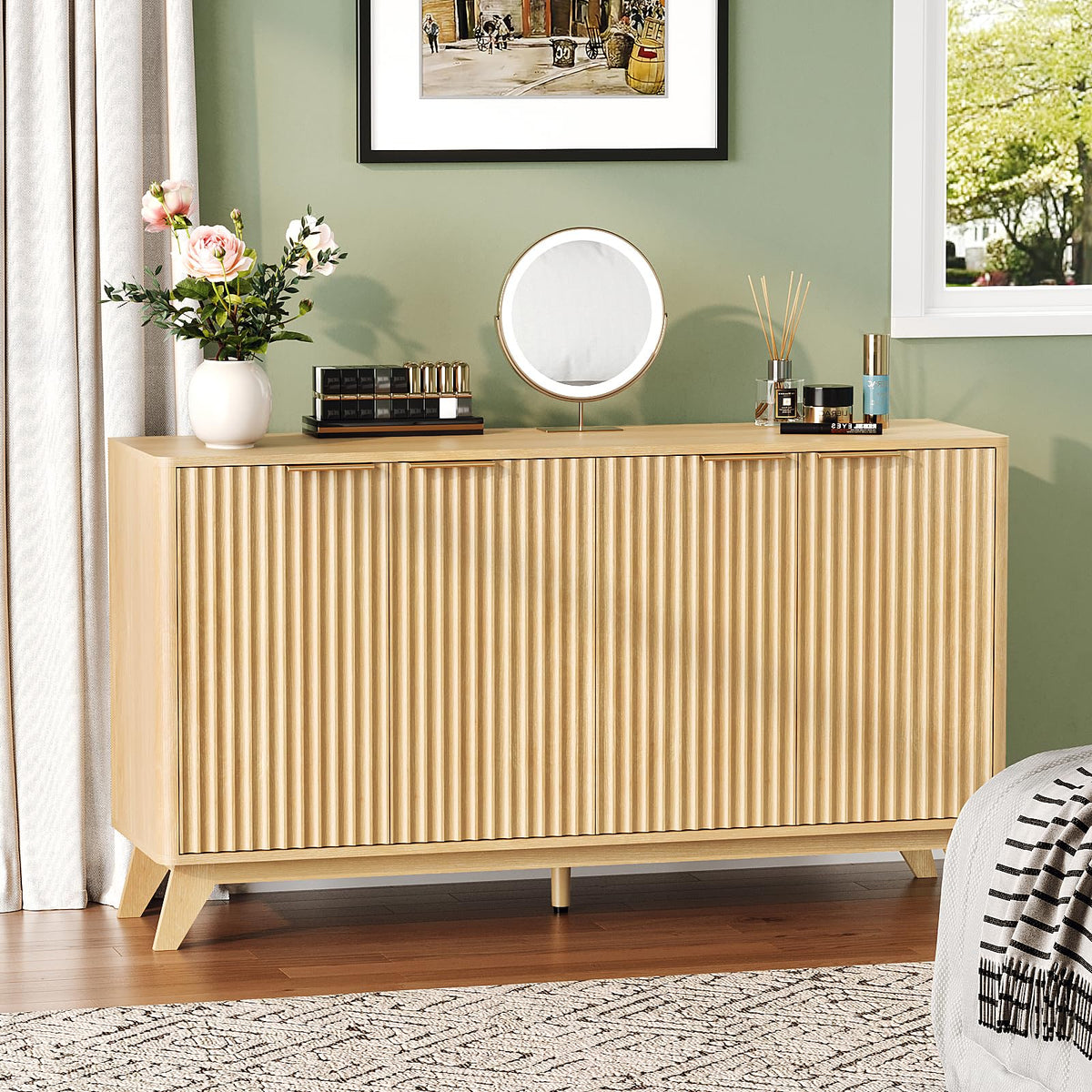 55" Fluted 4 Door Sideboard Cabinet with Adjustable Shelves E92545