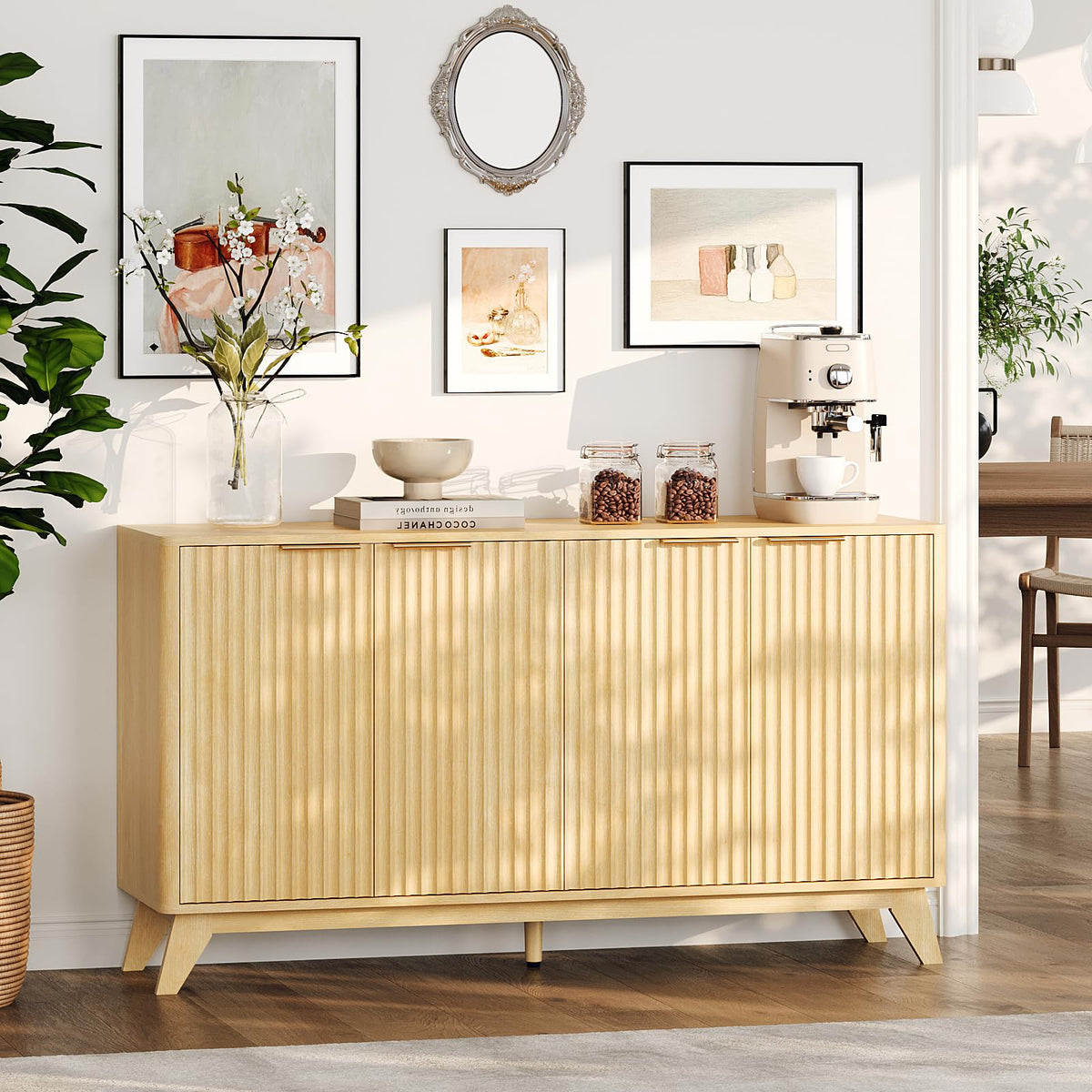 55" Fluted 4 Door Sideboard Cabinet with Adjustable Shelves E92545
