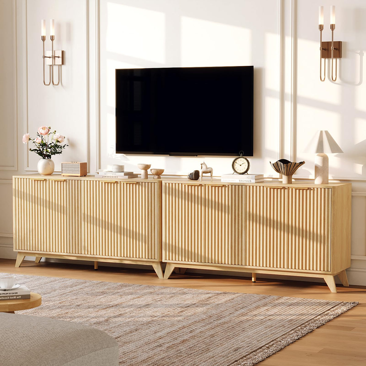 55" Fluted 4 Door Sideboard Cabinet with Adjustable Shelves E92545