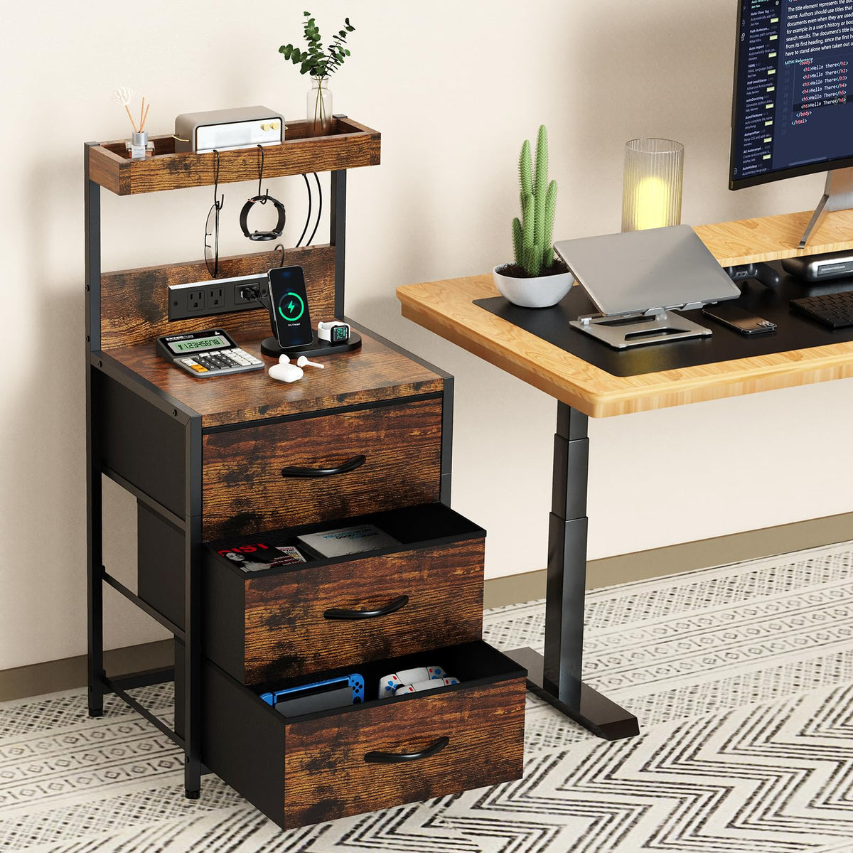 LED Nightstand with Charging Station 3 Fabric Drawers X177