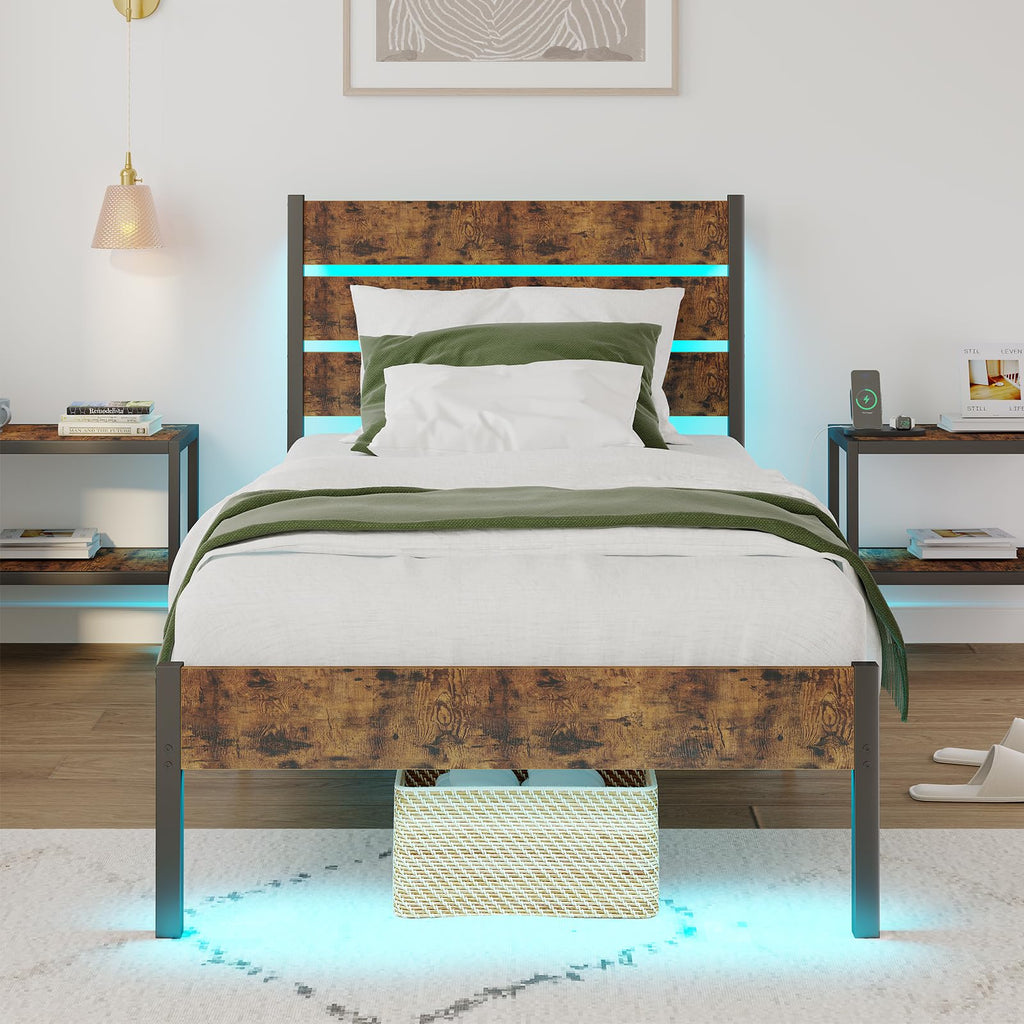 Twin Size Bed Frame with LED Light & Charging Station H399320