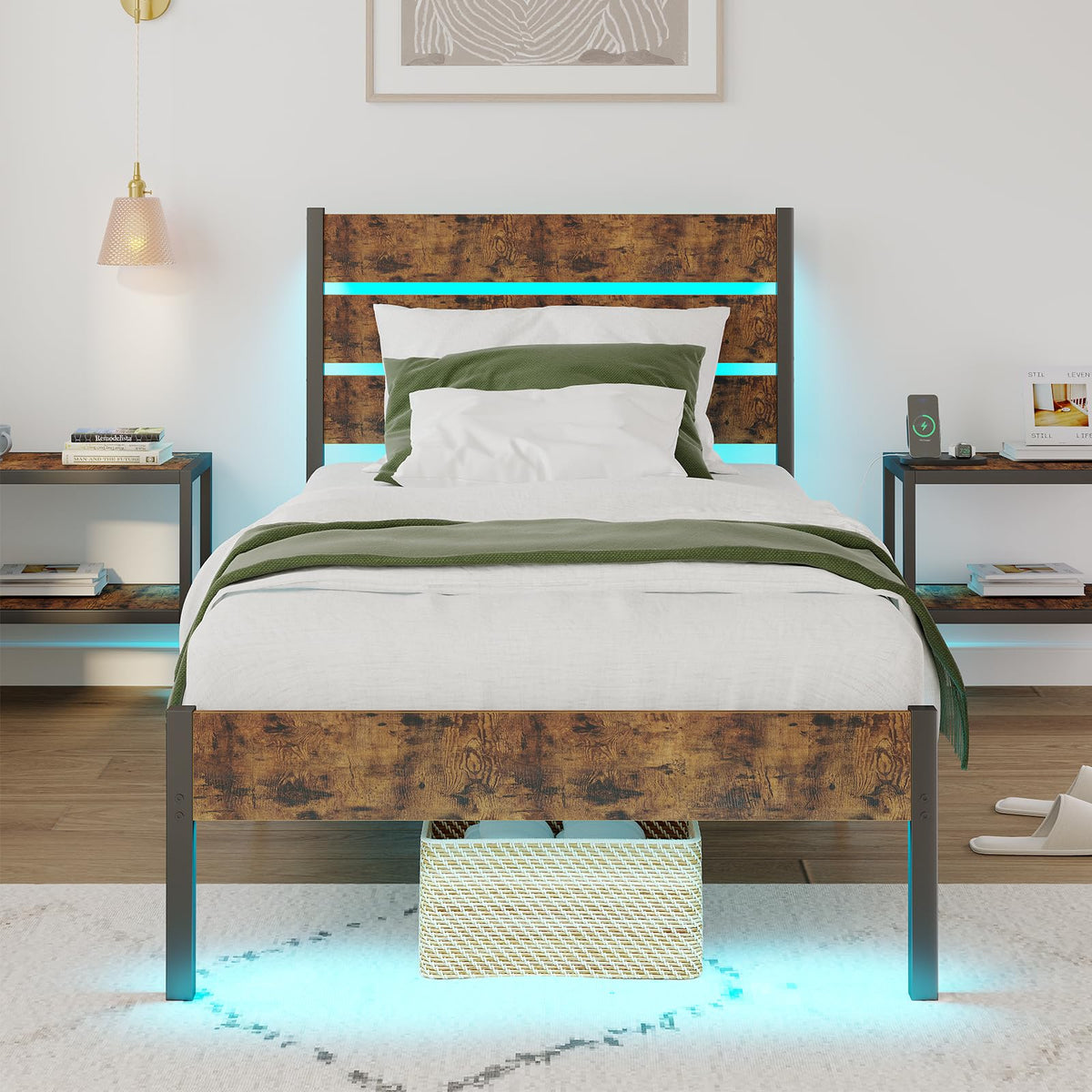 Twin Size Bed Frame with LED Light & Charging Station H399320