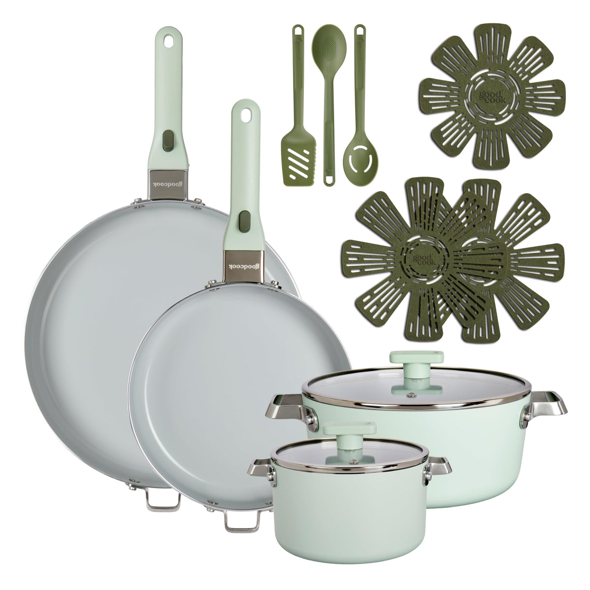 14-Piece Ceramic Cookware Set with Removable Handles, Sage Green Y520