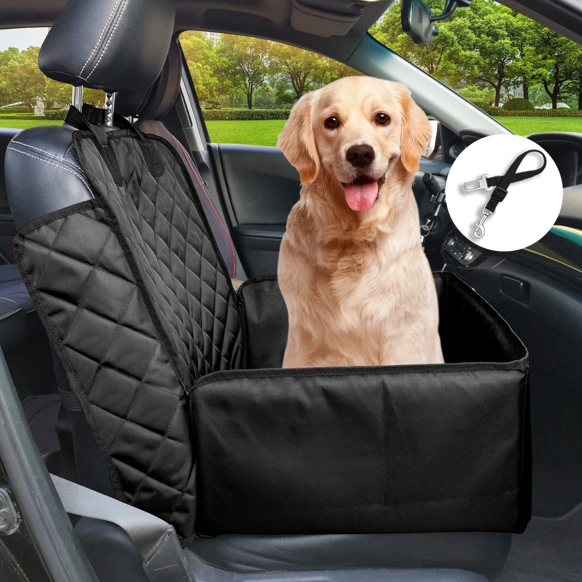 Black 2 in 1 Waterproof Dog Car Seat Cover with Safety Belt L6398