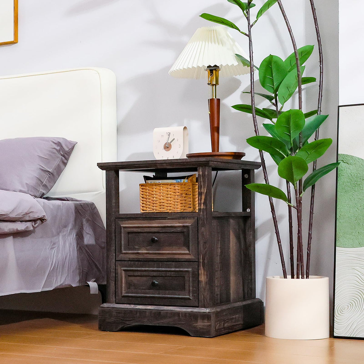 24" Tall Nightstand Set of 2 with Charging Station, 2 Drawers D6230