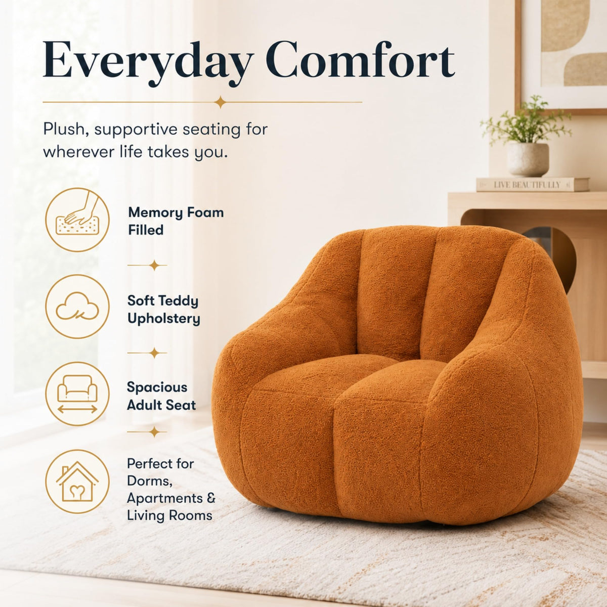 Yellow Memory Foam Bean Bag Chair E7729