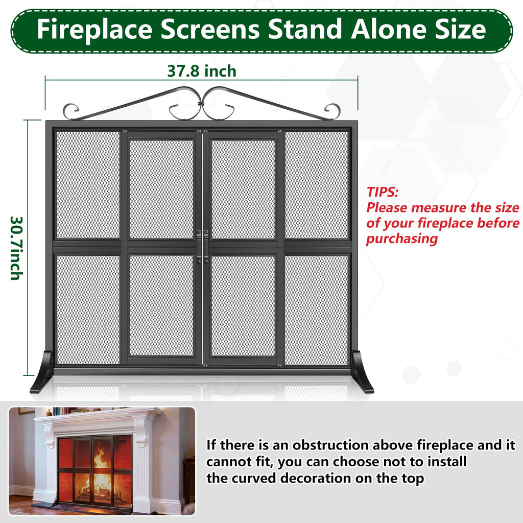 Hand-Forged Iron Fireplace Screen with Sliding Doors T35944
