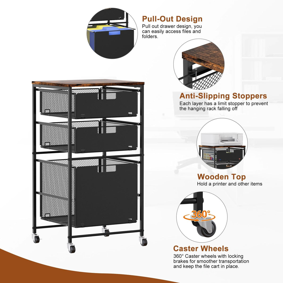 Black 3 Drawer Rolling File Cabinet with Printer Stand Z3392