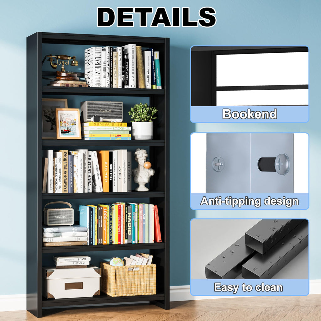 Black 69" Tall 5 Tier Metal Bookshelf V9102