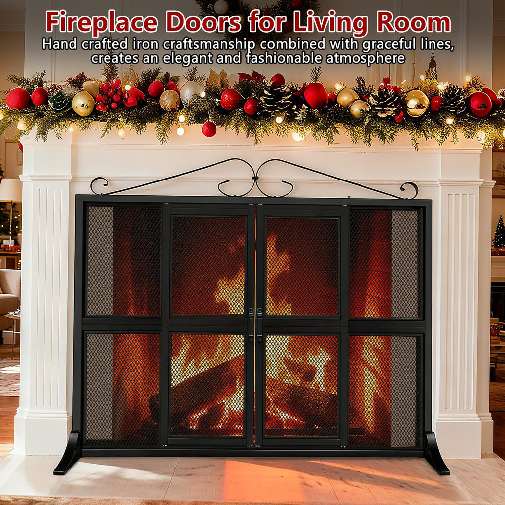 Hand-Forged Iron Fireplace Screen with Sliding Doors T35944