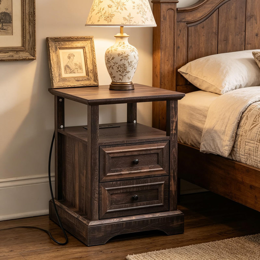 24" Tall Nightstand Set of 2 with Charging Station, 2 Drawers D6230