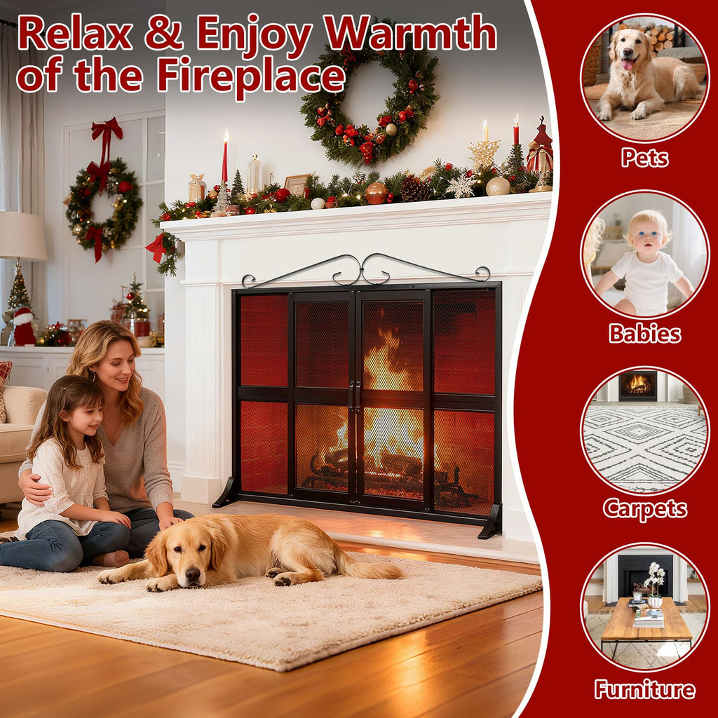 Hand-Forged Iron Fireplace Screen with Sliding Doors T35944