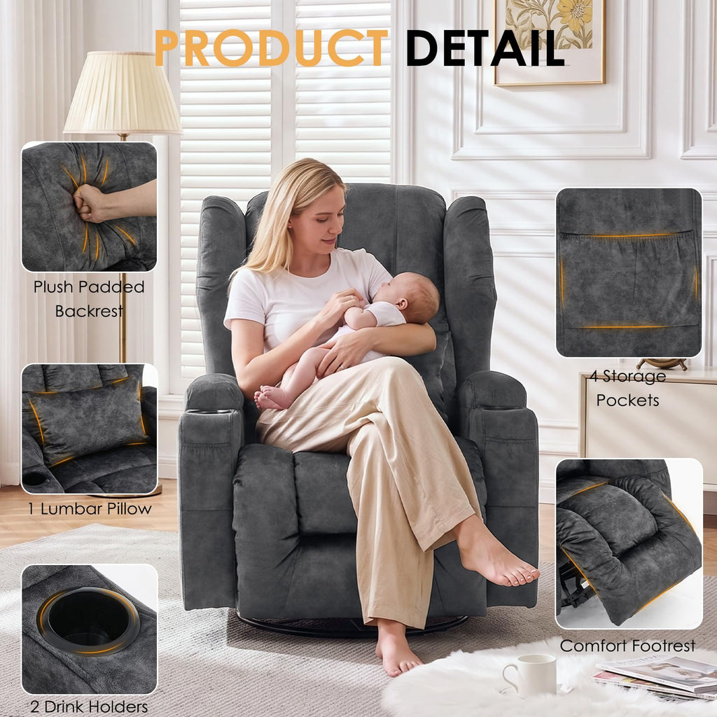 Oversized Velvet Swivel Rocker Recliner Chair with Cup Holders E840