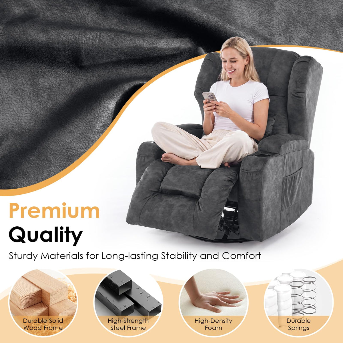 Oversized Velvet Swivel Rocker Recliner Chair with Cup Holders E840