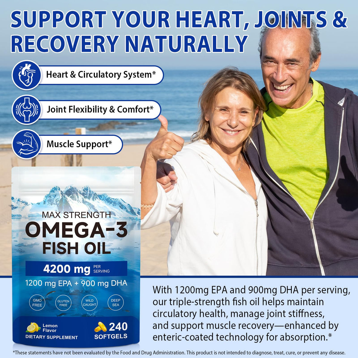 Omega 3 Fish Oil Supplement 240 Softgels Lemon Flavor K471