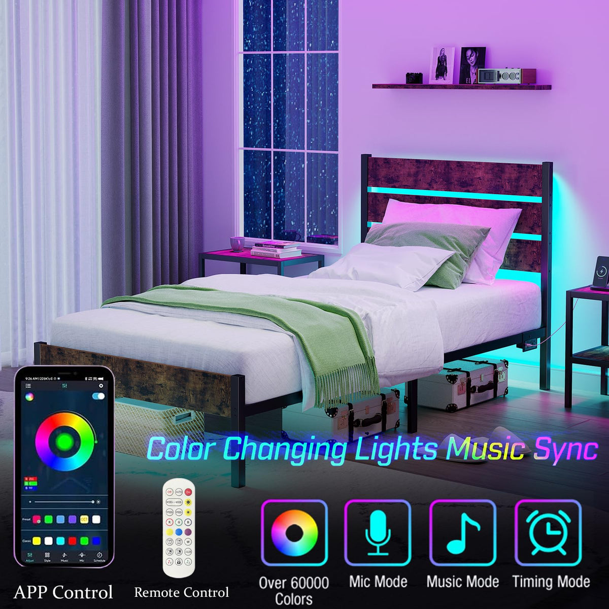 Twin Size Bed Frame with LED Light & Charging Station H399320