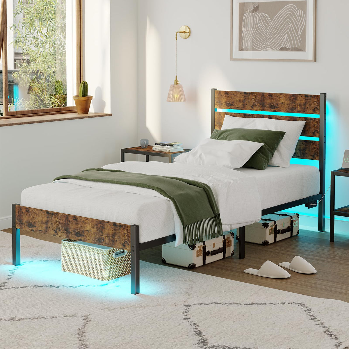 Twin Size Bed Frame with LED Light & Charging Station H399320