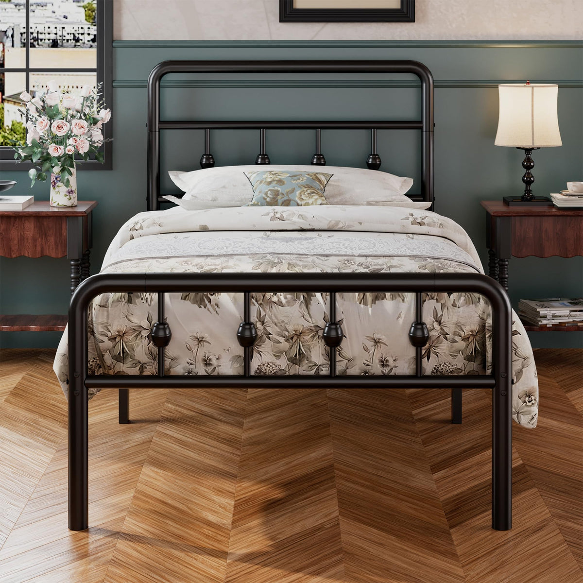 16 Inch Twin Metal Platform Bed with Headboard and Footboard M726872
