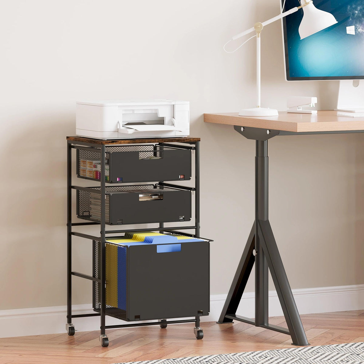 Black 3 Drawer Rolling File Cabinet with Printer Stand Z3392