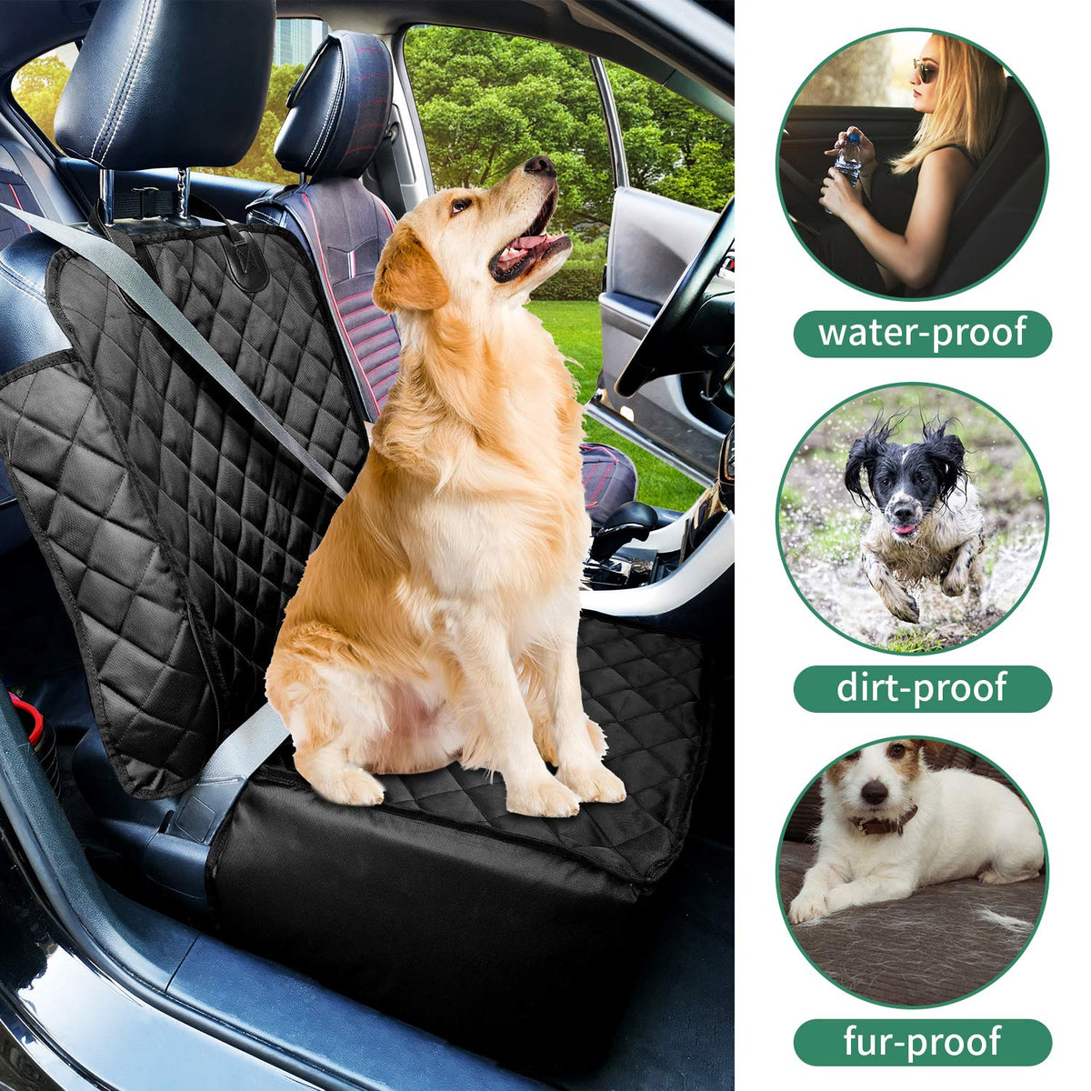 Black 2 in 1 Waterproof Dog Car Seat Cover with Safety Belt L6398