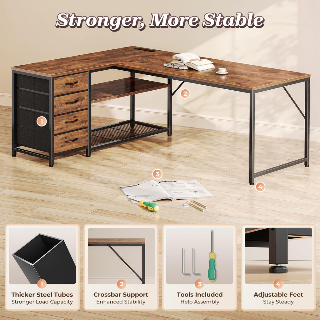 61" L Shaped Desk with Power Outlets & 4 Drawers I919657