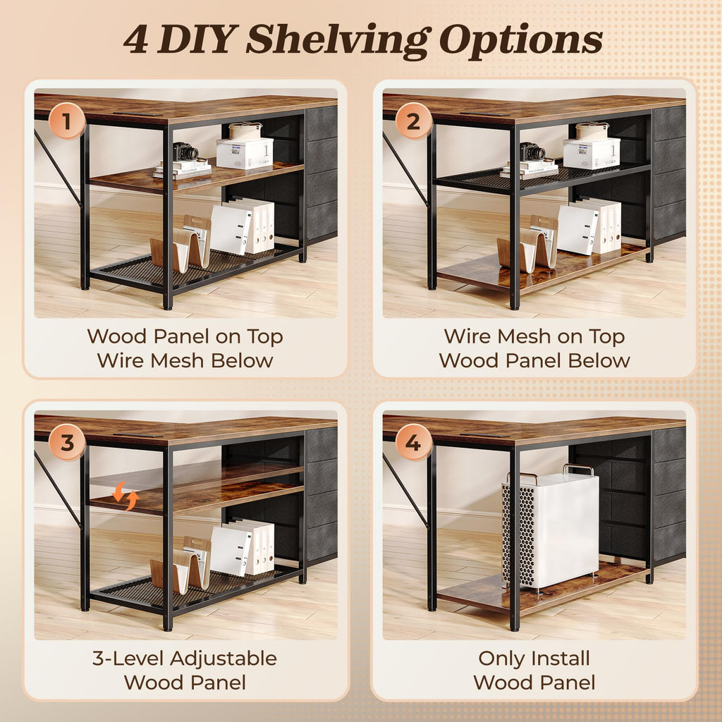 61" L Shaped Desk with Power Outlets & 4 Drawers I919657
