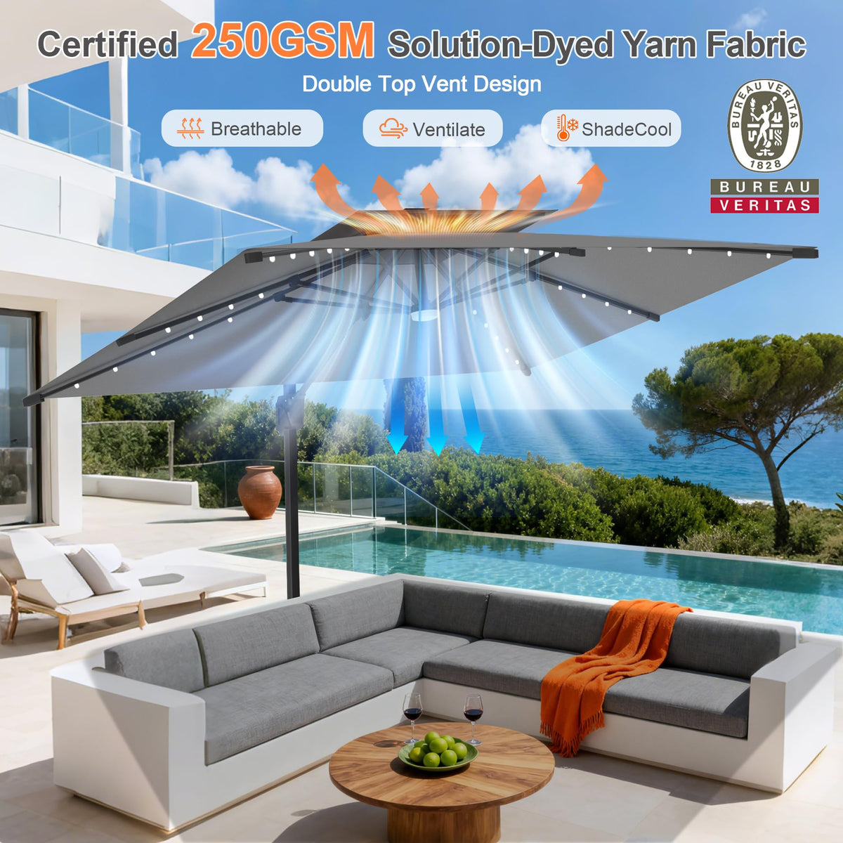10' X 10' Cantilever Umbrella with LED Lights G948