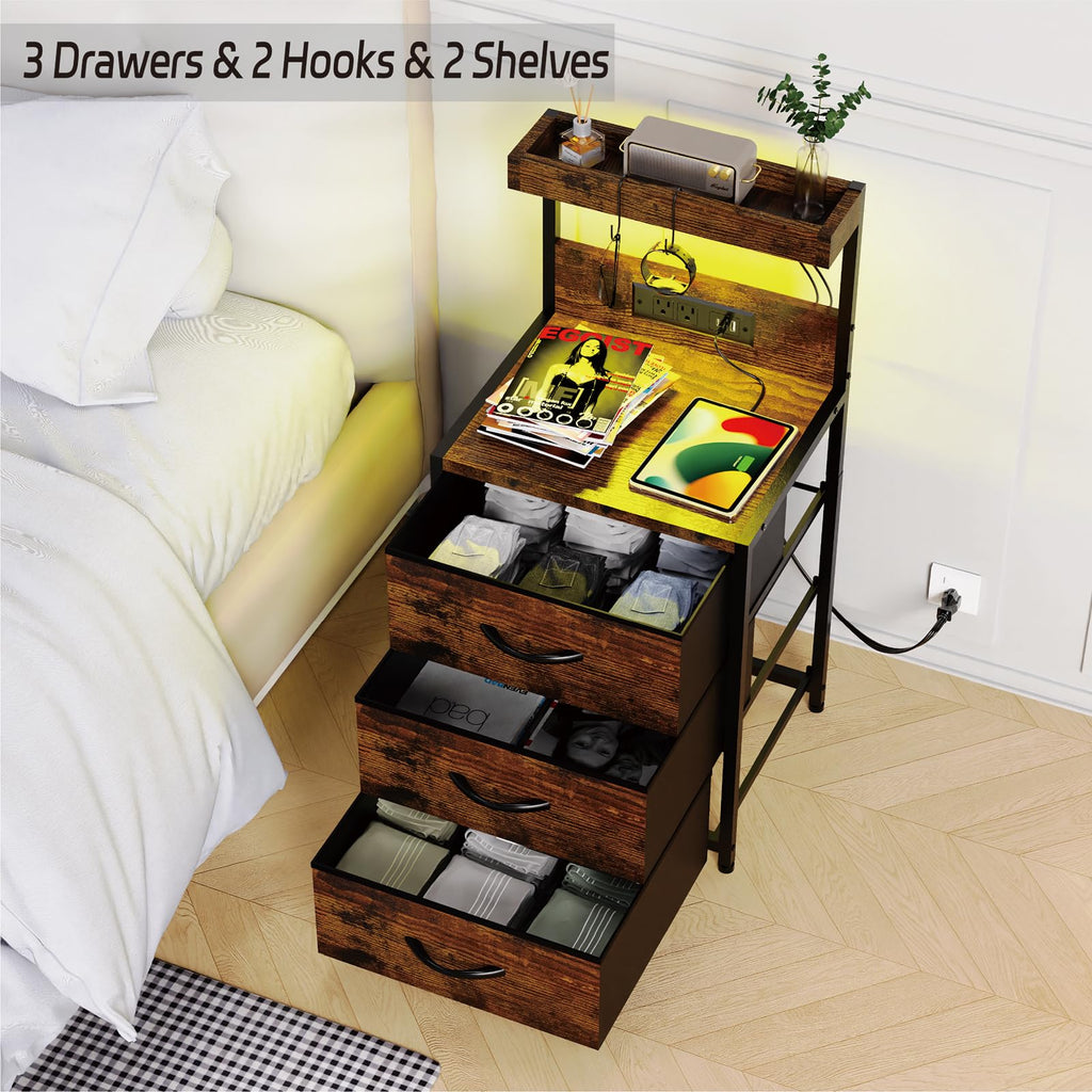 LED Nightstand with Charging Station 3 Fabric Drawers X177