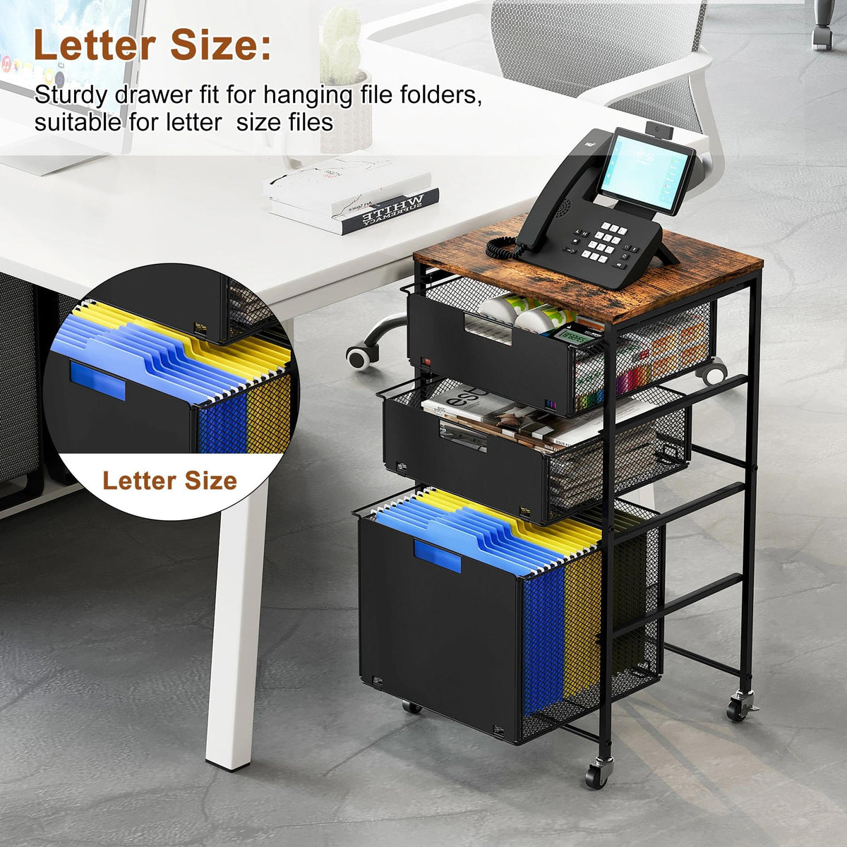 Black 3 Drawer Rolling File Cabinet with Printer Stand Z3392