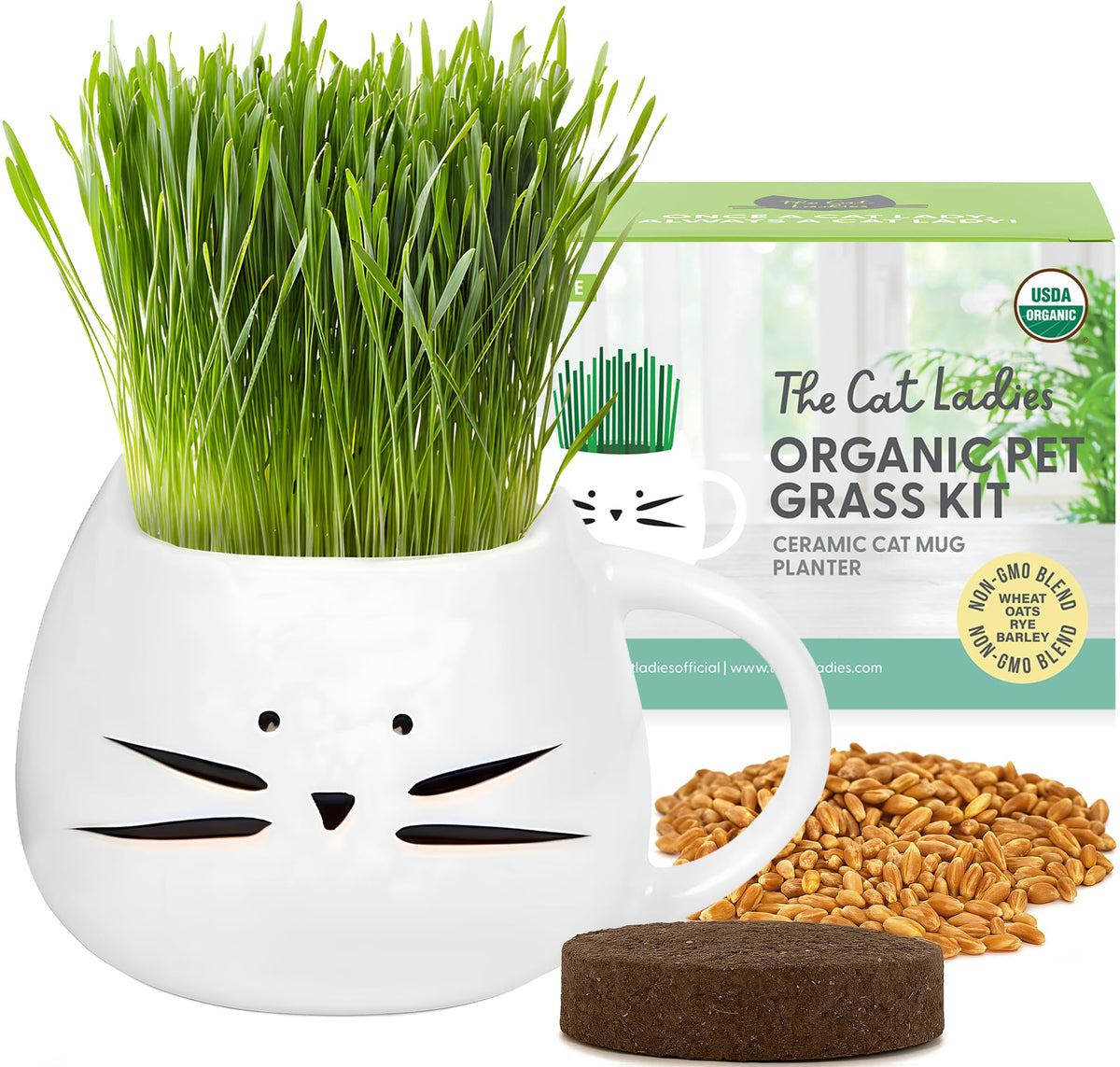 Organic Cat Grass Growing Kit with Seed Mix Soil and White Planter C891