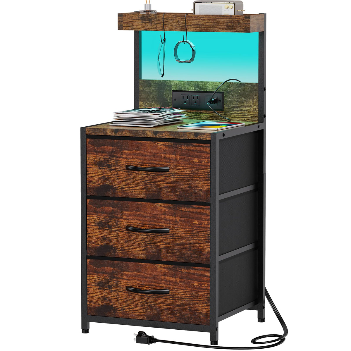 LED Nightstand with Charging Station 3 Fabric Drawers X177