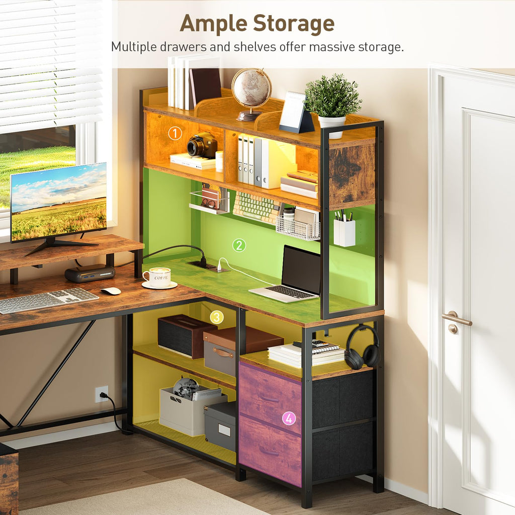 L Shaped Gaming Desk with Storage Drawers & Shelves A8600